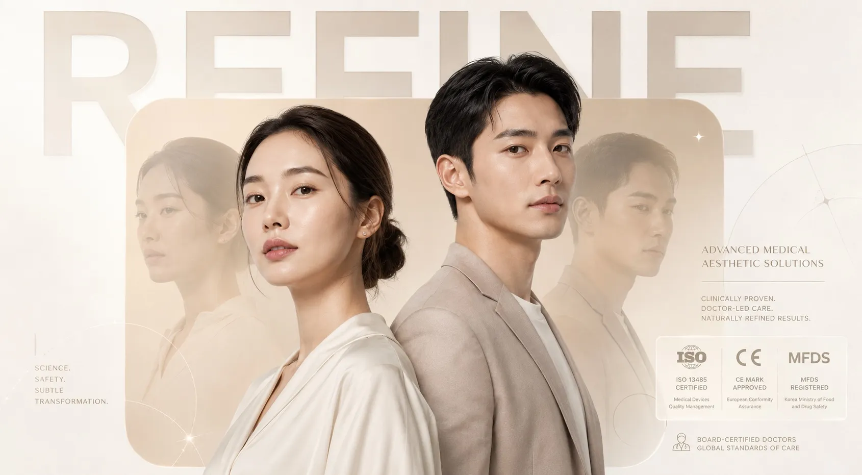 REFINE 進階醫學美容主視覺：米色背景上一女一男模特背對背站立，右側 ADVANCED MEDICAL AESTHETIC SOLUTIONS 標語與 ISO 13485、CE MARK、MFDS 三枚認證徽章